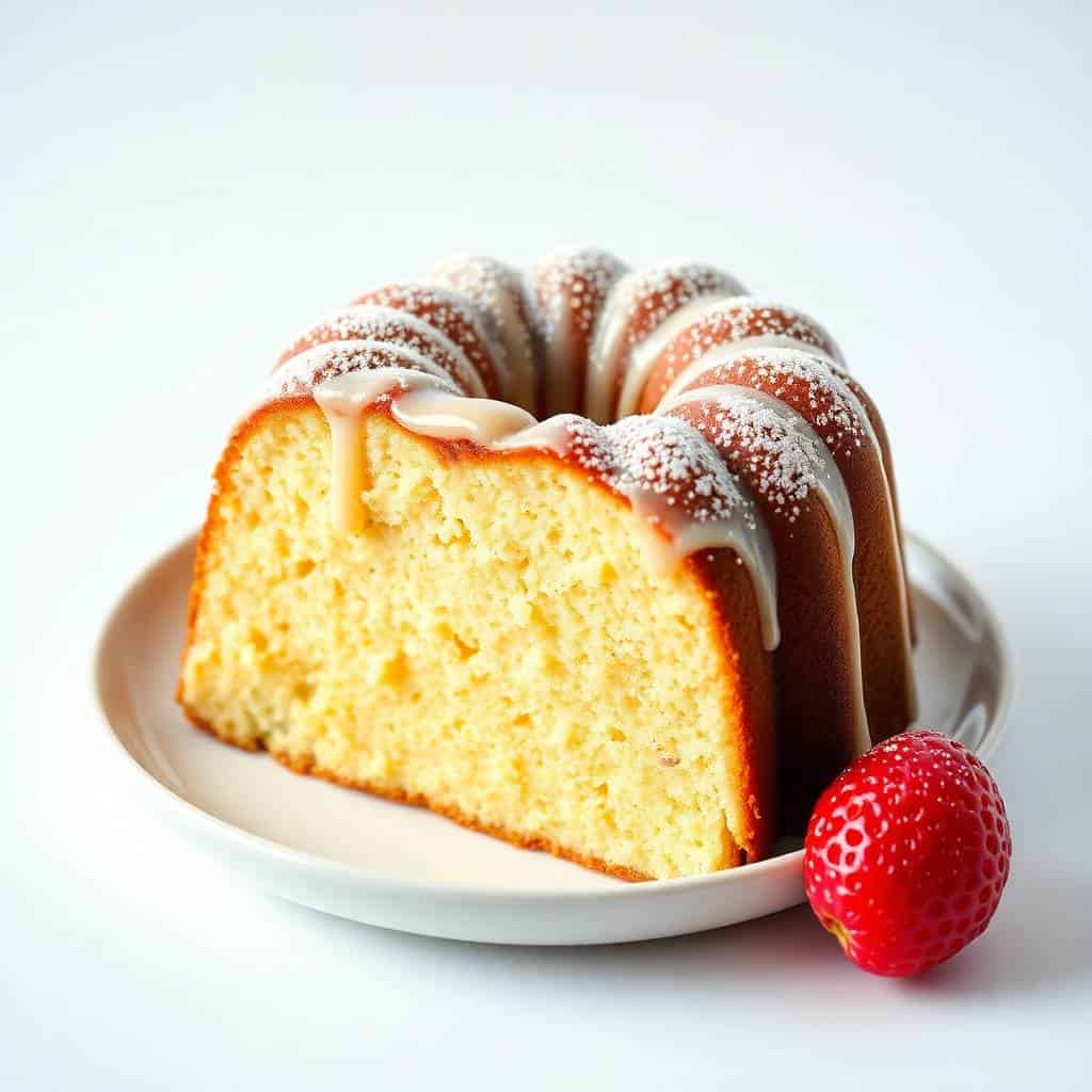 Sliced yellow bundt cake with white glaze and powdered sugar, garnished with fresh raspberry on white plate.
