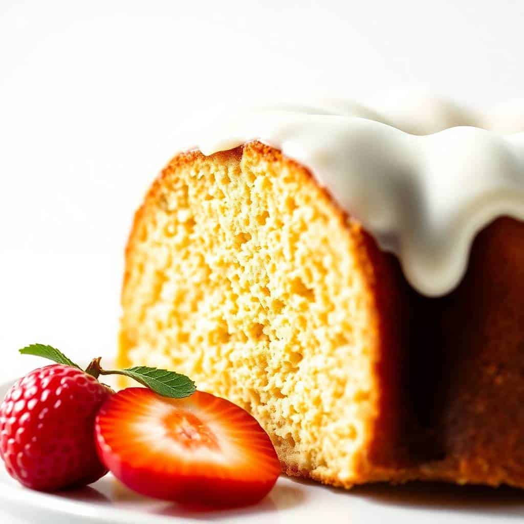 Golden bundt cake slice with white glaze and fresh strawberries on white plate.