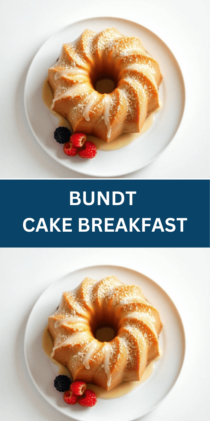 Golden bundt cake dusted with powdered sugar, drizzled glaze, garnished with fresh berries on white plate.