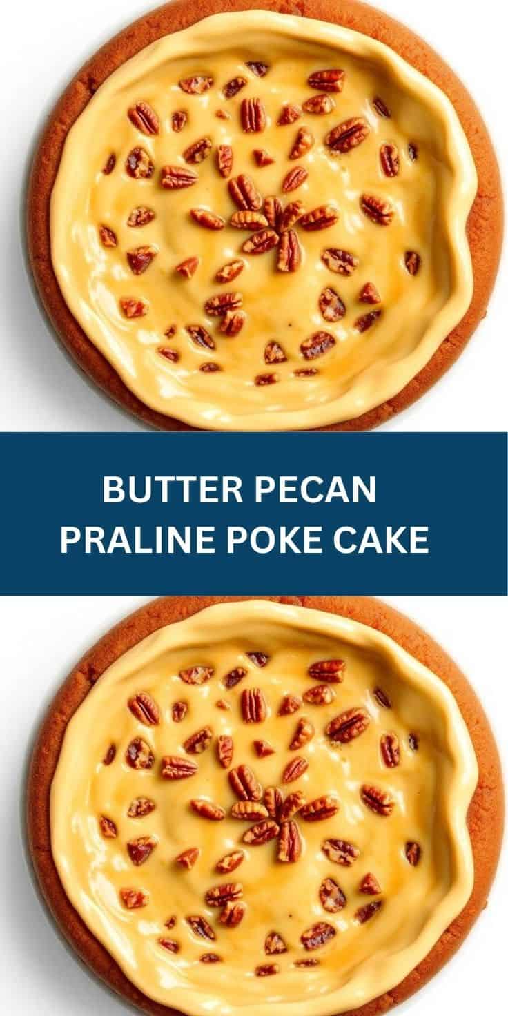 Butter pecan praline poke cake with creamy filling and pecan halves garnish in round baking dish.