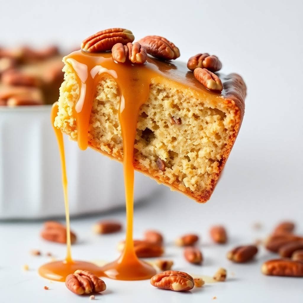 Butter pecan praline poke cake with caramel glaze dripping down, topped with pecans on white plate.