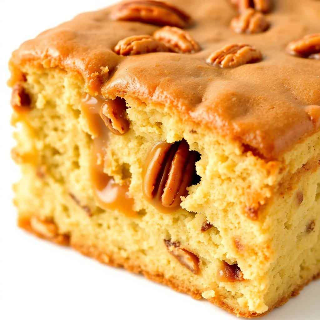 Sliced butter pecan praline poke cake with golden crumb texture and pecan toppings on white background.