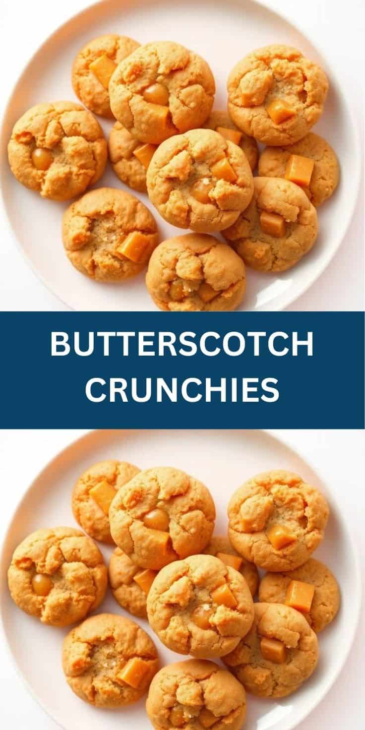 Butterscotch crunchies arranged on white plate, golden cookies with butterscotch chunks and crinkled tops.