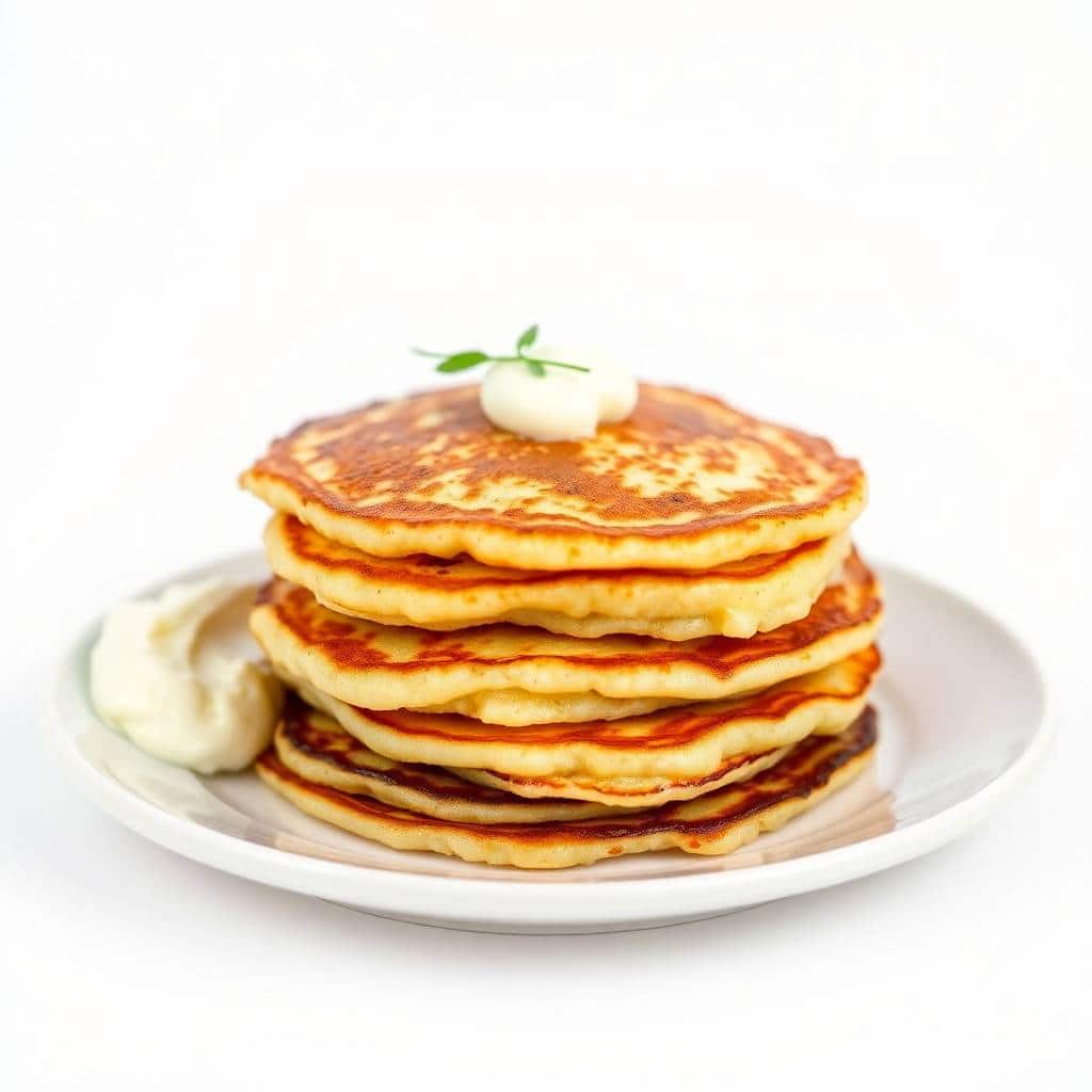 Stack of golden-brown German potato pancakes topped with sour cream and fresh herb garnish on white plate.