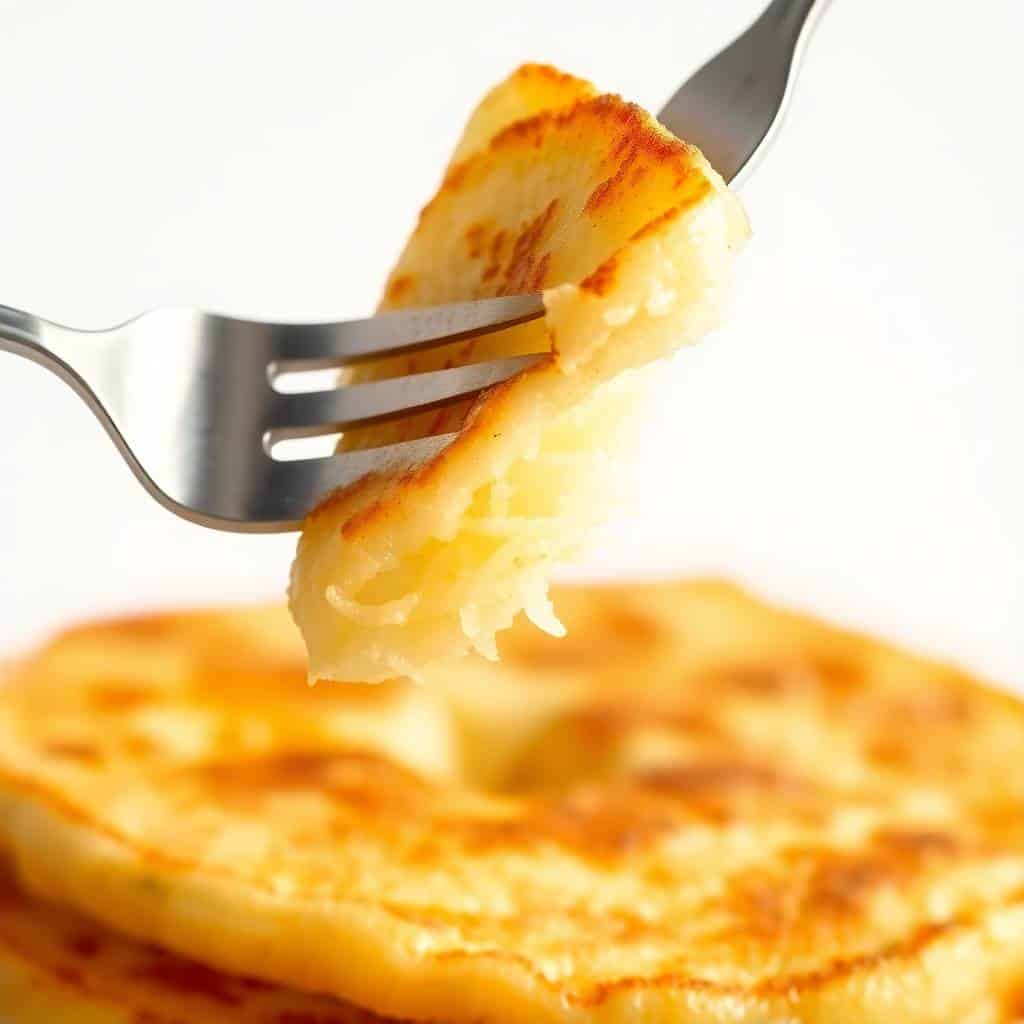 Golden-brown German potato pancake held on fork, showing fluffy interior and crispy edges.