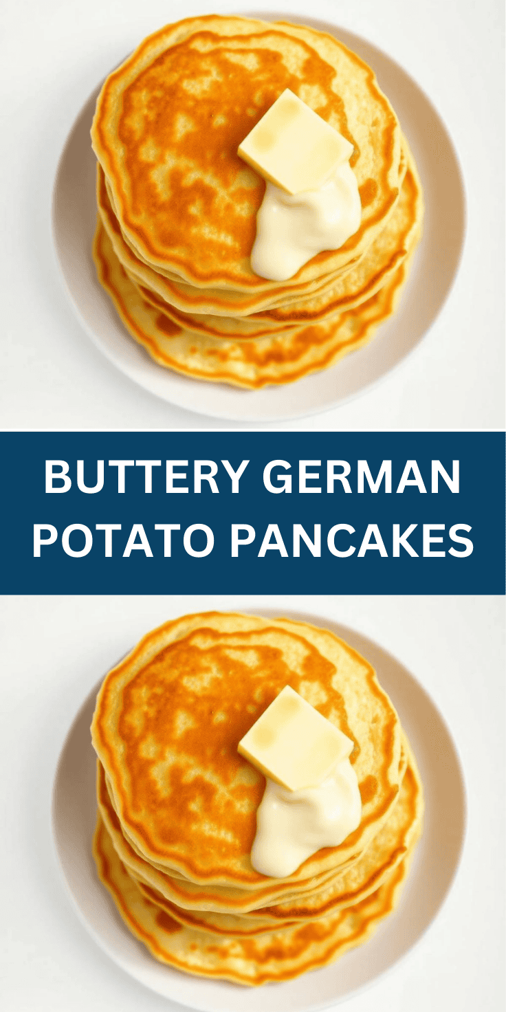 Stack of golden German potato pancakes topped with butter and sour cream on white plate.