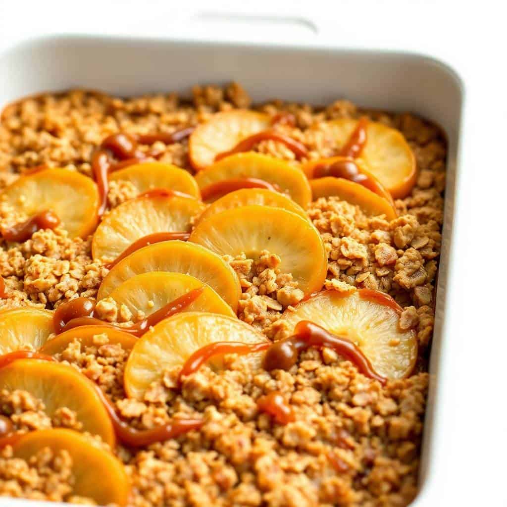 Caramel apple oatmeal bake in white dish with sliced apples and caramel drizzle.