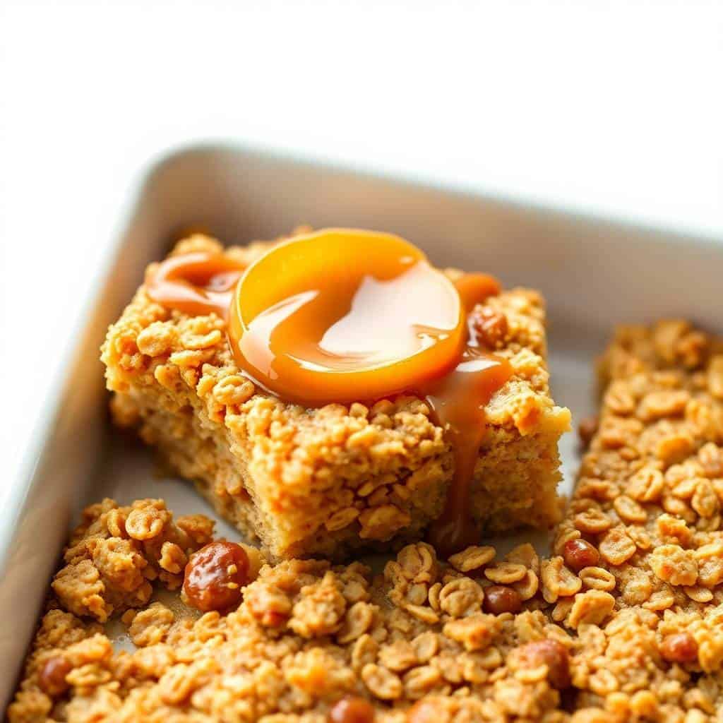 Caramel apple oatmeal bake bars in a parchment-lined pan, topped with candied apple slice garnish.