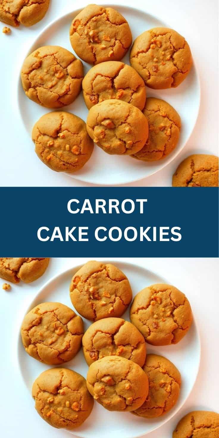Golden carrot cake cookies with cracked tops arranged on white plates against white background.