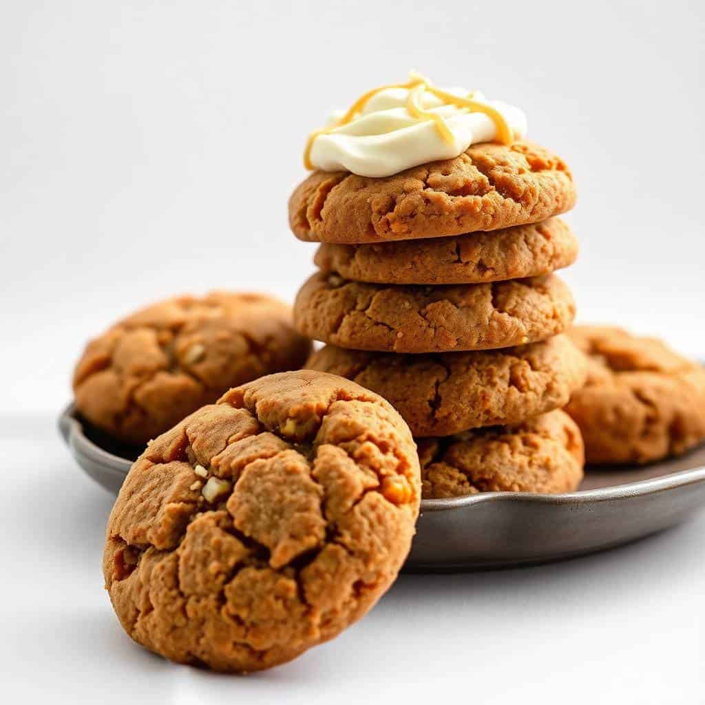 Carrot cake cookies stacked and plated, topped with cream cheese frosting and orange zest garnish.