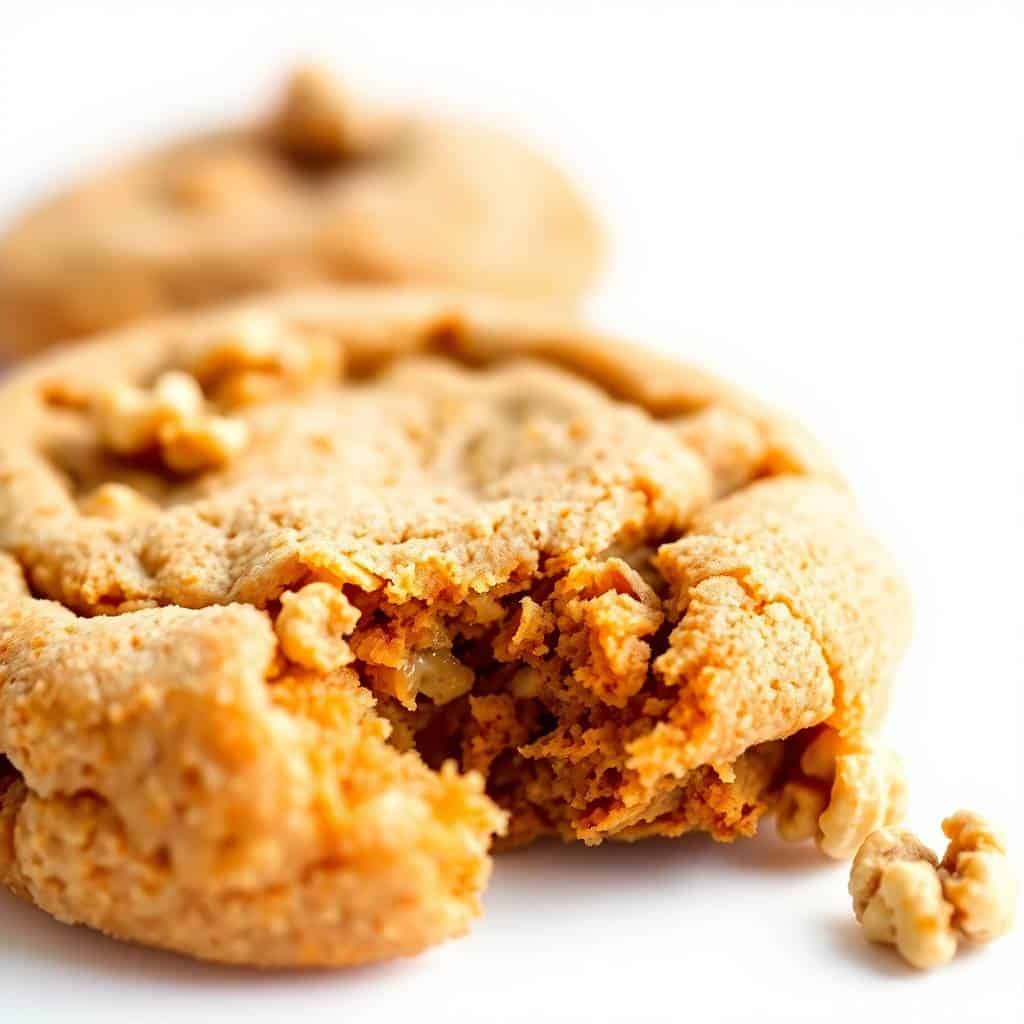 Carrot cake cookies with walnuts, showing golden-brown texture and crumbly interior on white background.