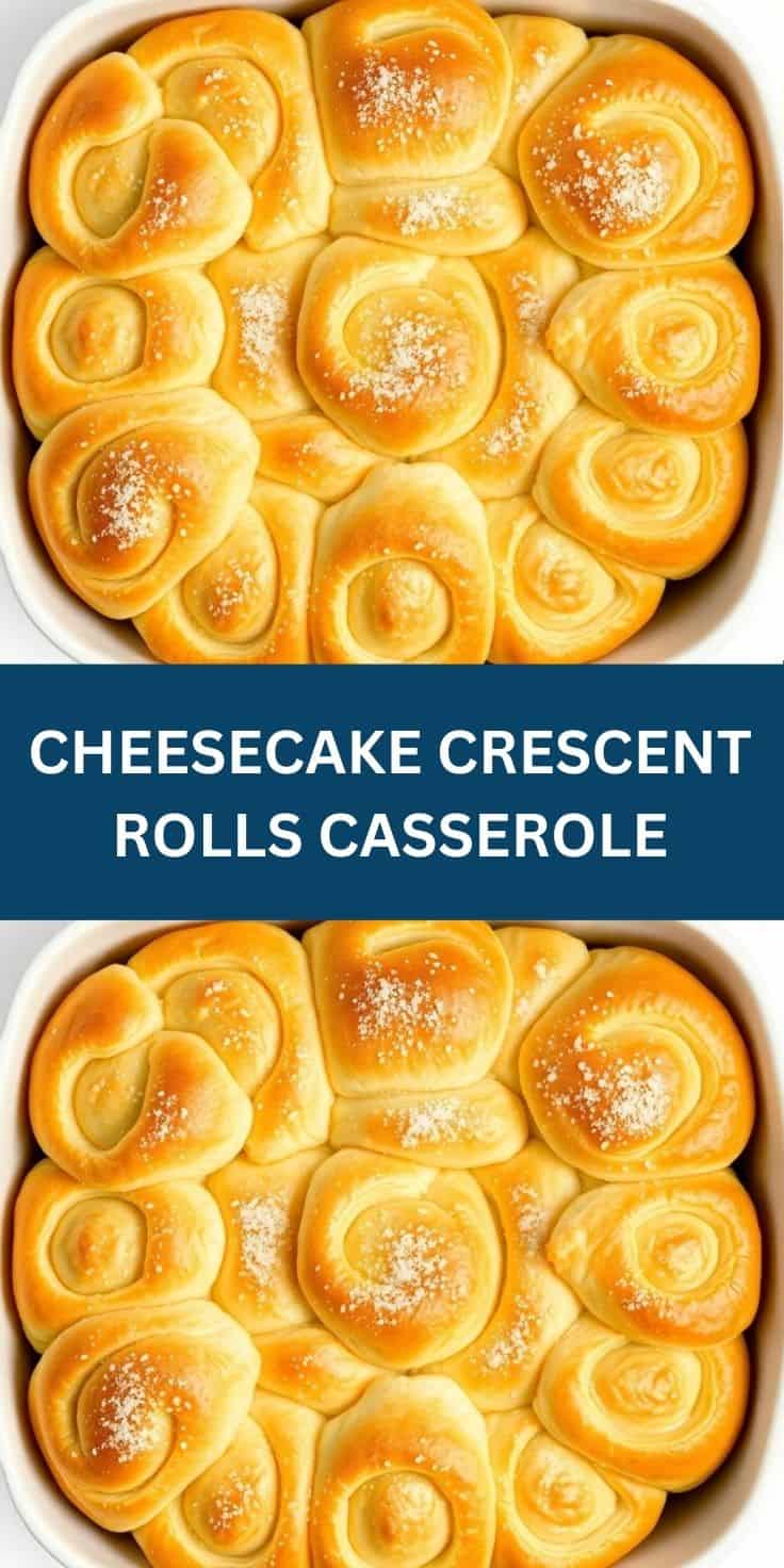 Golden-baked cheesecake crescent rolls in white casserole dish, topped with powdered sugar.