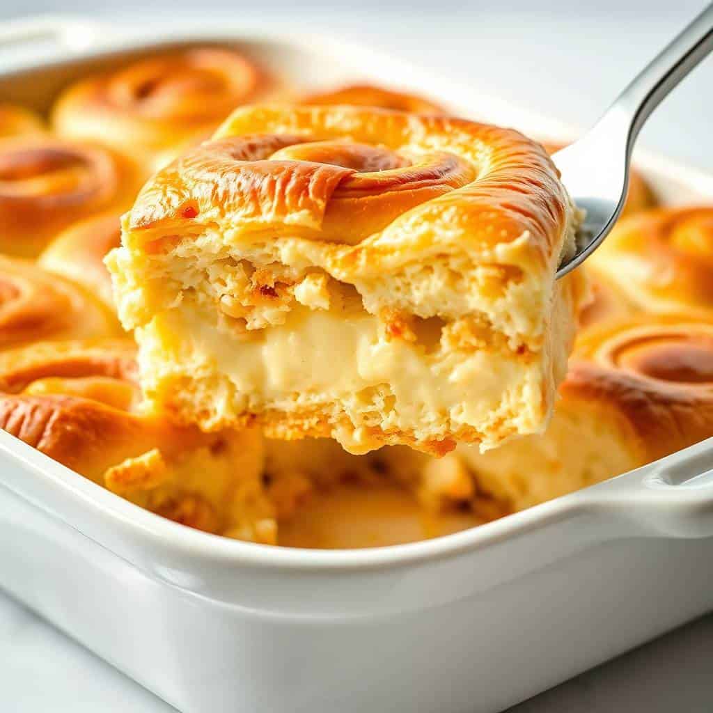 Cheesecake crescent rolls casserole with golden-brown pastry and creamy filling in white baking dish.