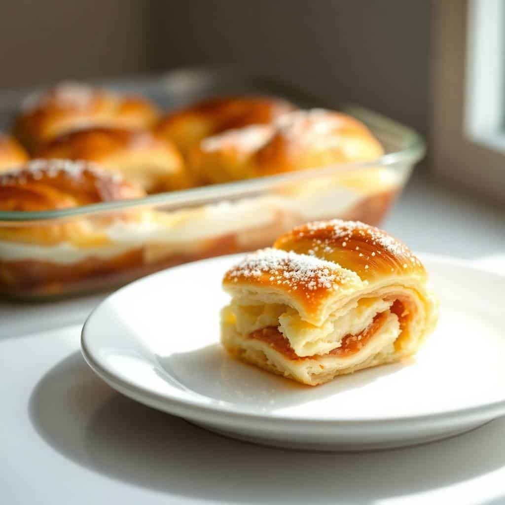 Golden-baked cheesecake crescent roll with powdered sugar on white plate, casserole dish blurred behind.