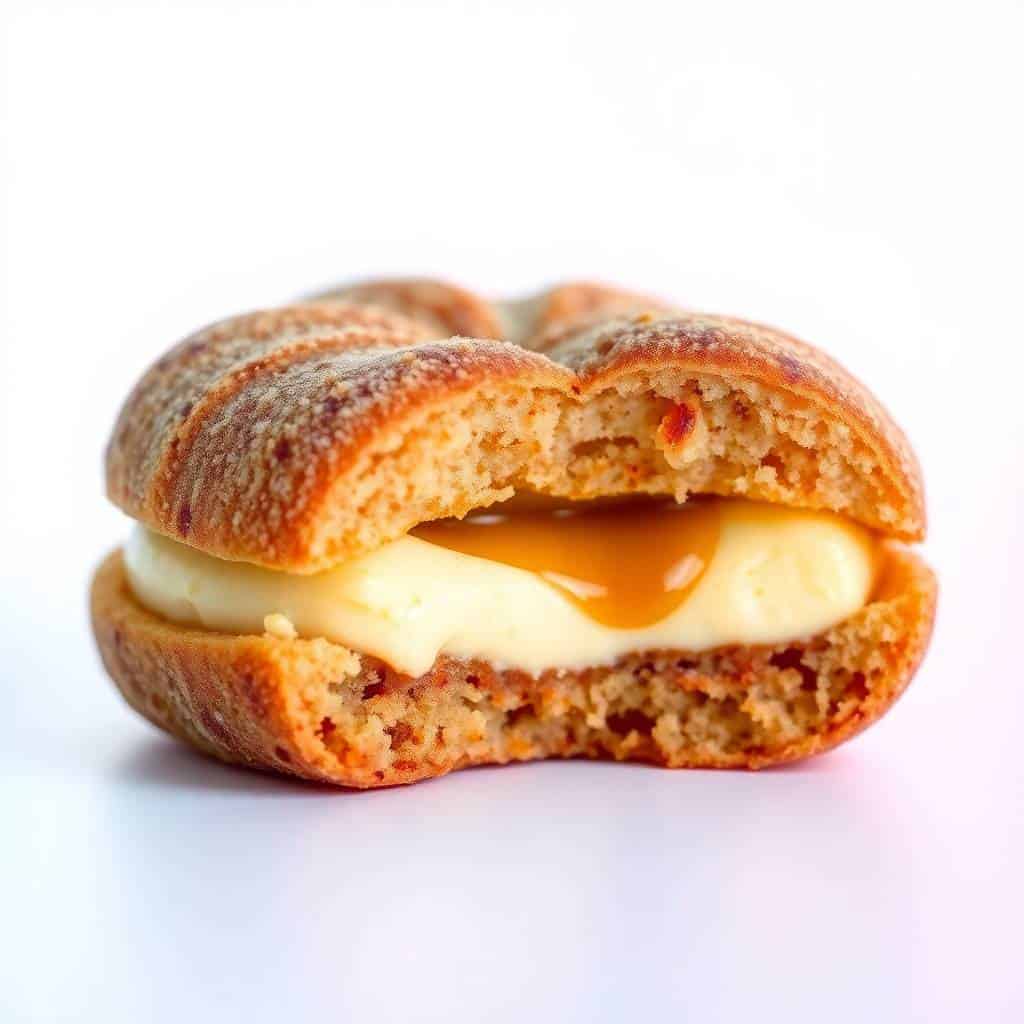 Cheesecake-stuffed churro cookie split in half, revealing creamy filling with caramel drizzle on white surface.