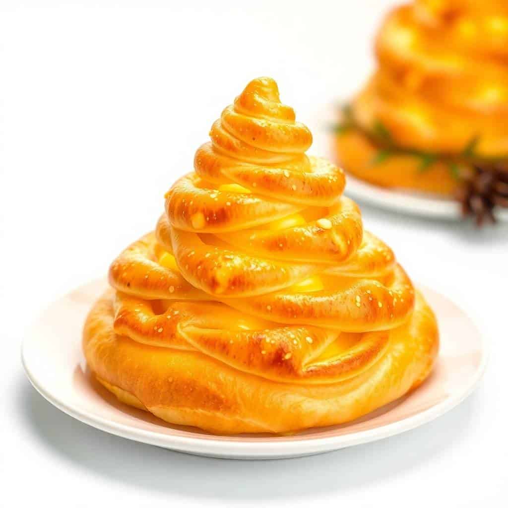 Golden baked cheese bread swirl with glossy top on white plate, garnished with star anise.