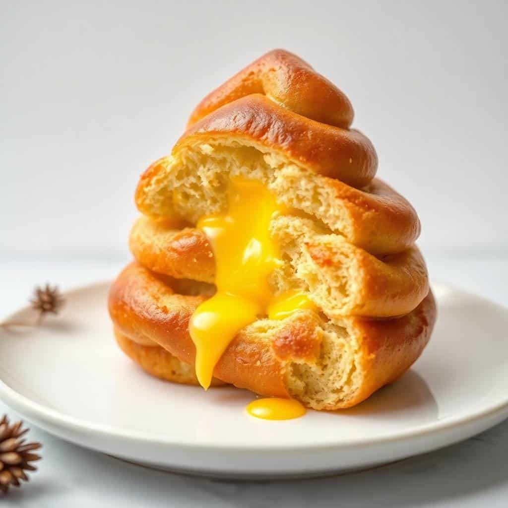 Stacked cheese bread shaped like a Christmas tree with melted cheese dripping down, served on a white plate.