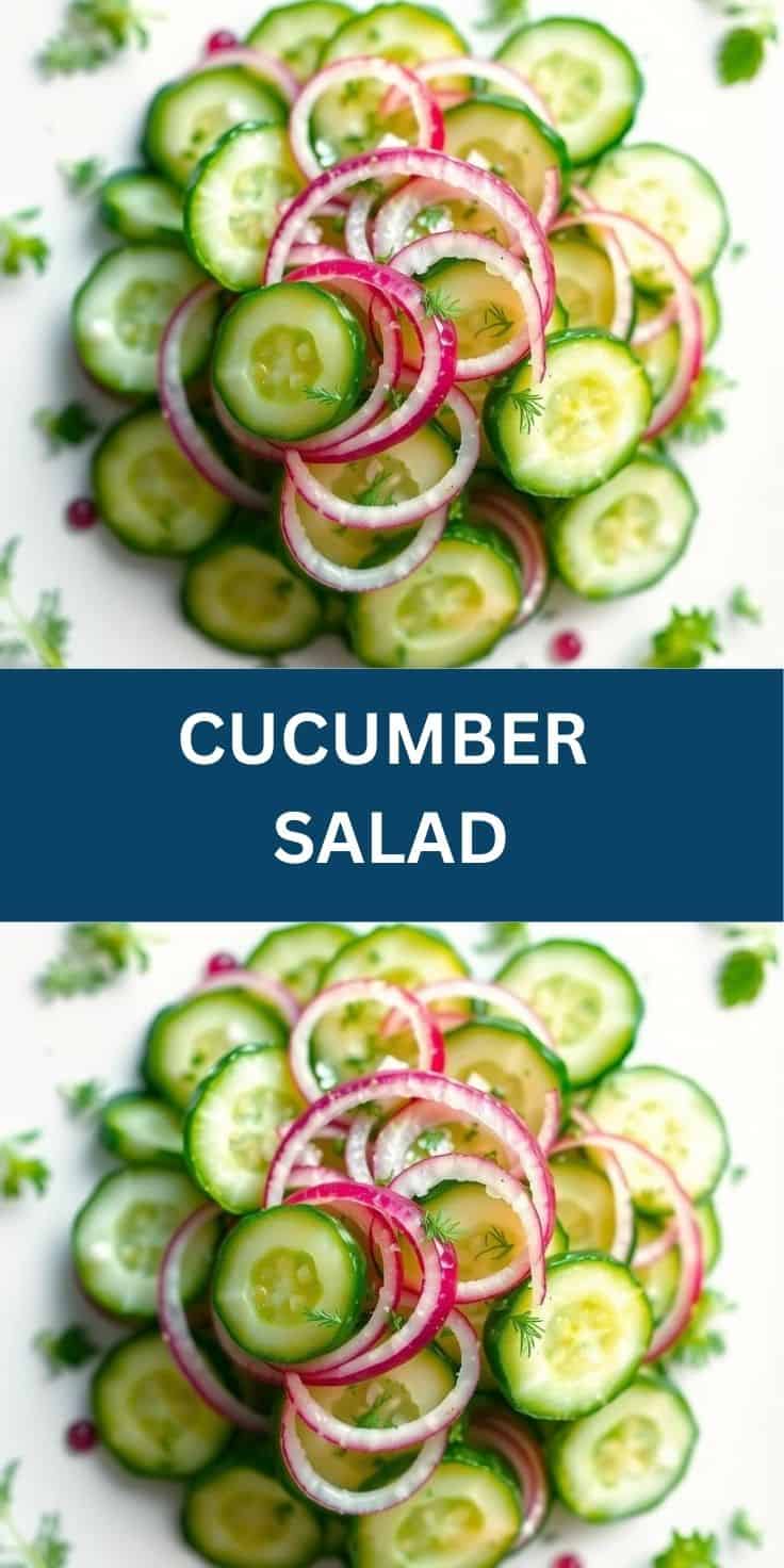 Fresh cucumber salad with sliced cucumbers, pink onion rings, and dill garnish on white plate.