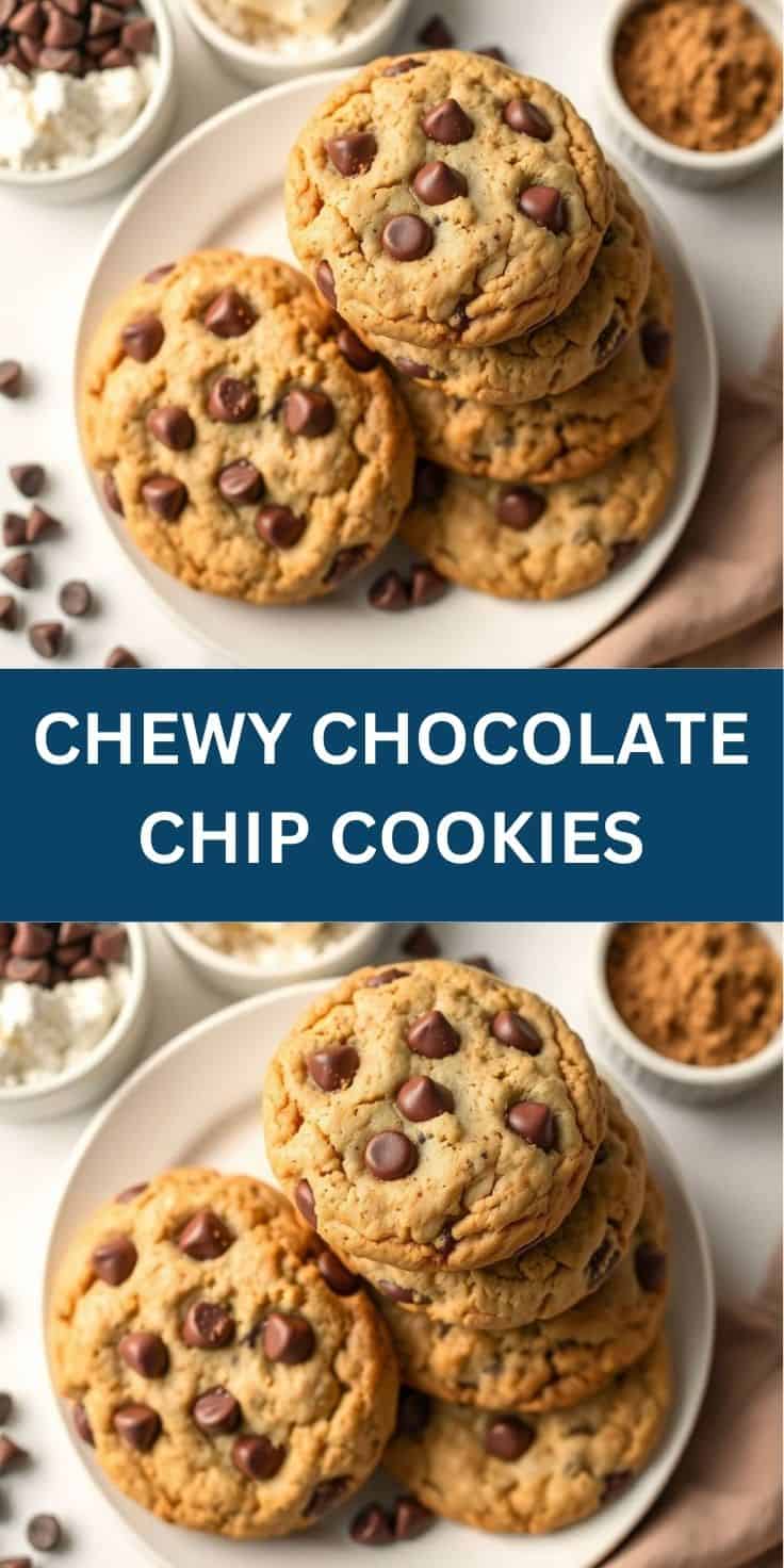 Stack of golden chewy chocolate chip cookies on white plate with ingredients nearby.