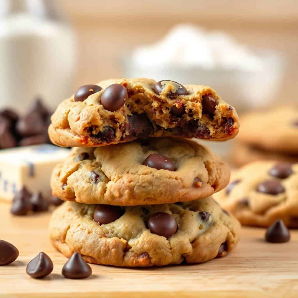 Three stacked chewy chocolate chip cookies on wooden surface with chocolate chips scattered nearby.