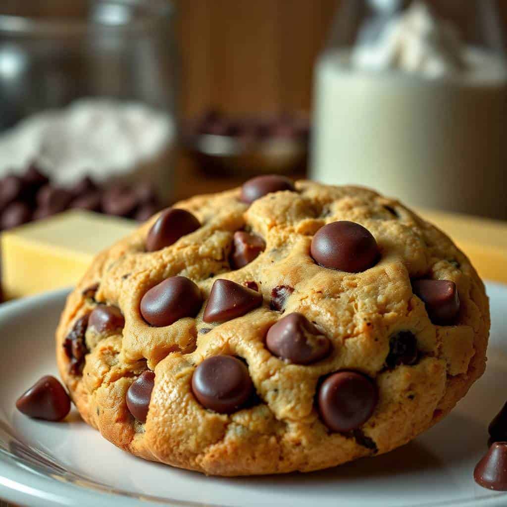 Chewy chocolate chip cookie on white plate with milk glass and scattered chips in background.