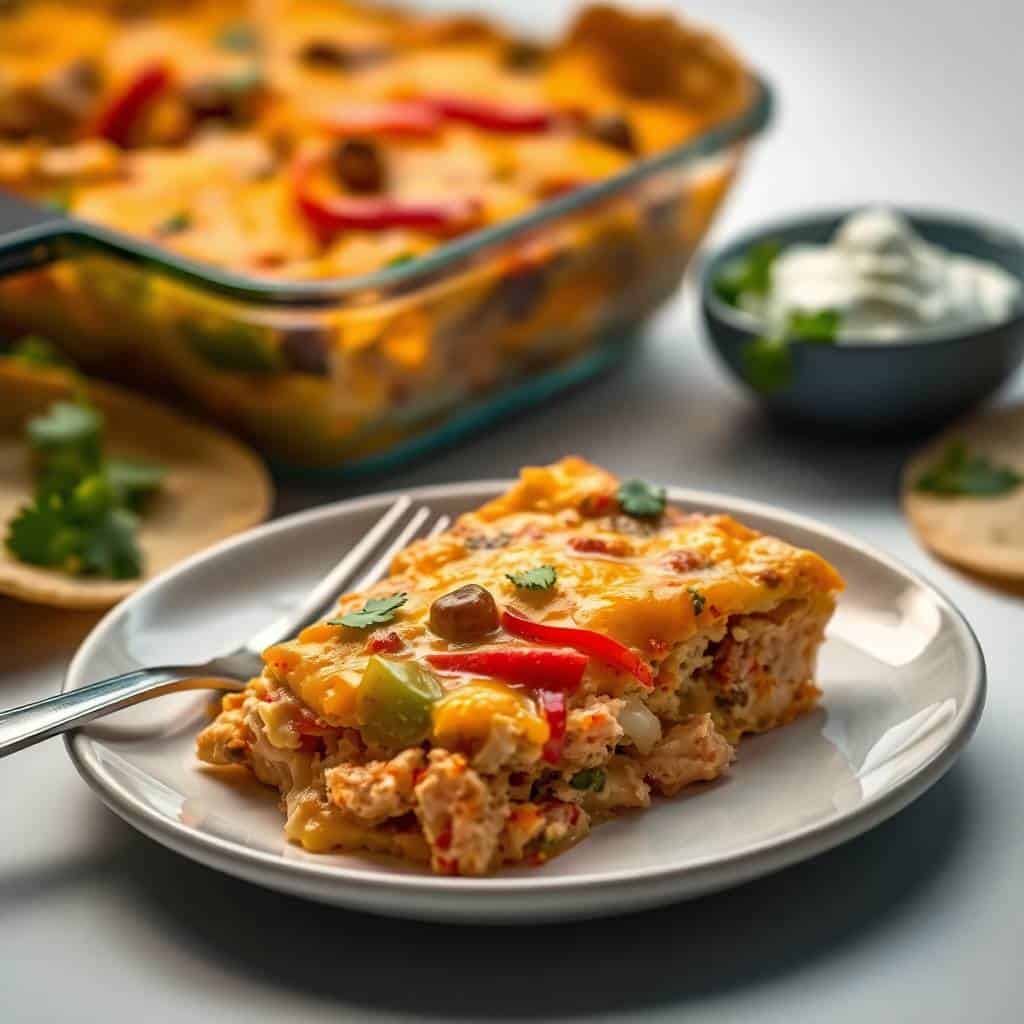 Chicken fajita casserole slice on white plate with sour cream and fresh cilantro garnish.