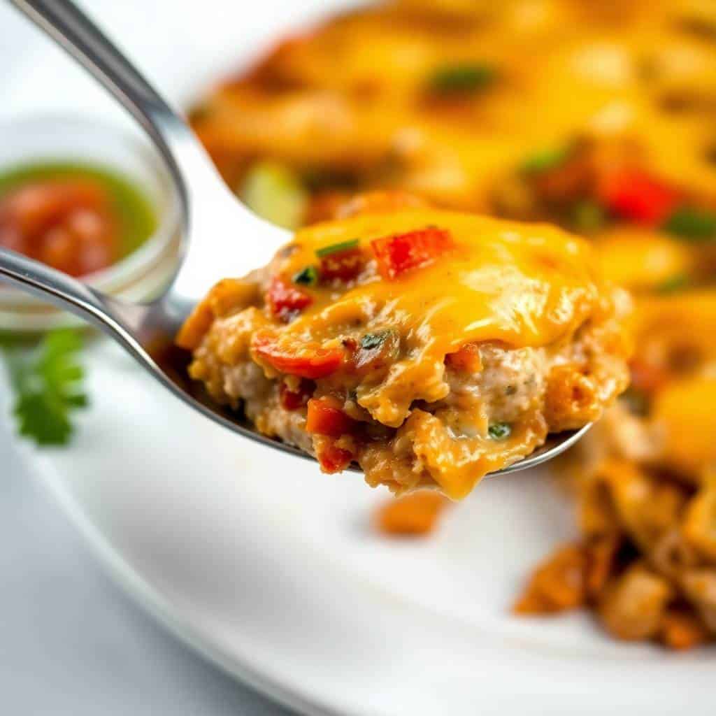 Spoonful of chicken fajita casserole with melted cheese, peppers, and cilantro garnish over white plate.