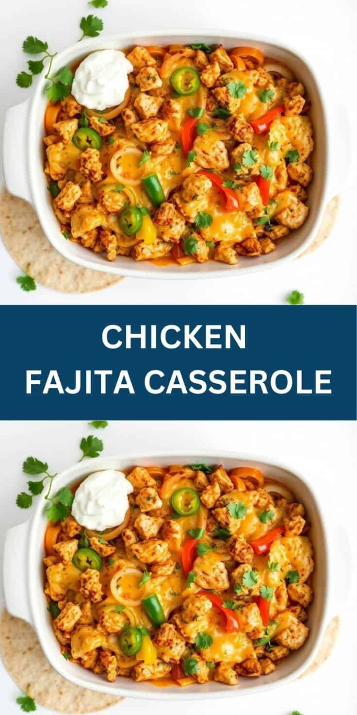 Chicken fajita casserole in white baking dish topped with sour cream, jalapeños, cilantro, and bell peppers.