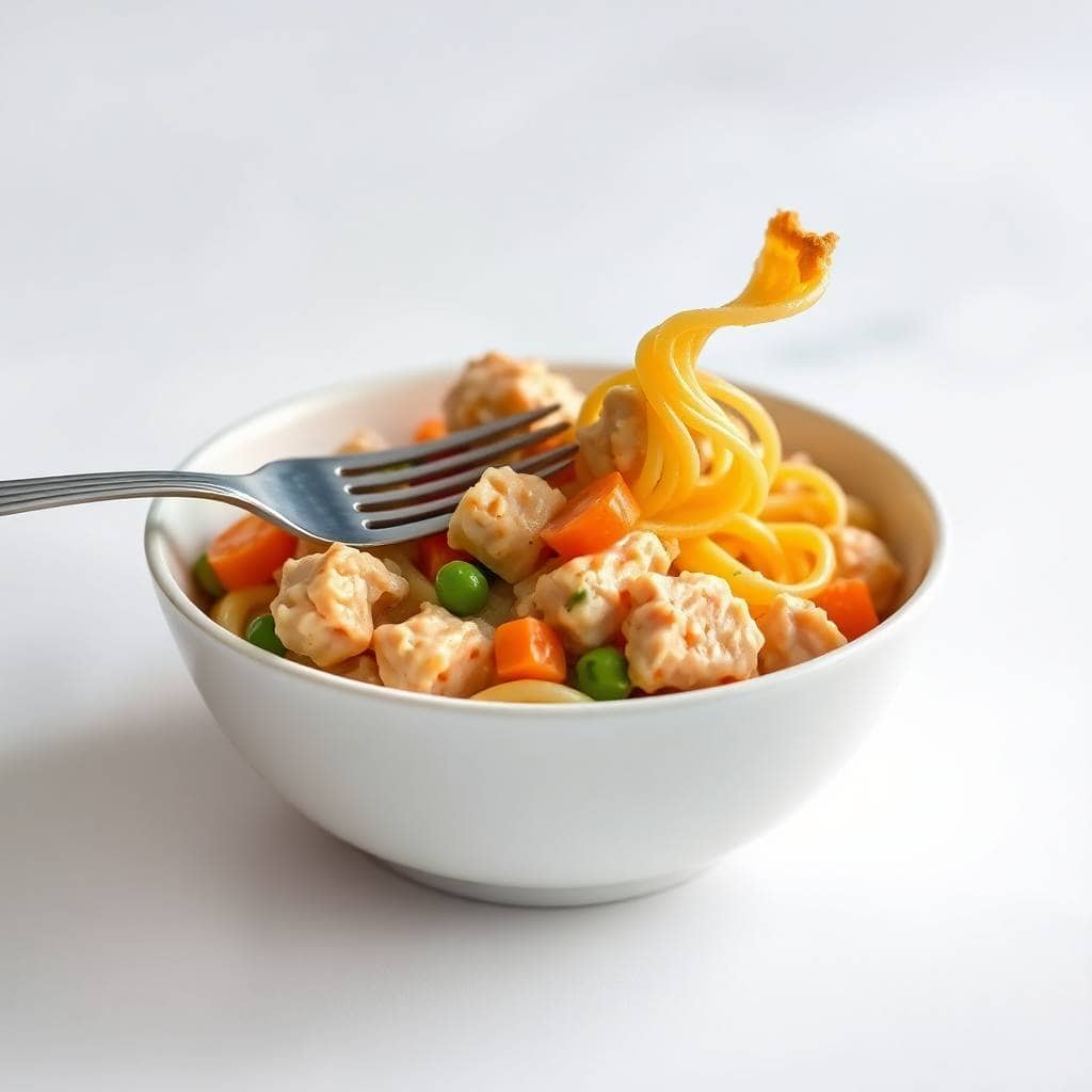 Fork lifting curled egg noodles from bowl of chicken pot pie pasta with vegetables and white bowl.