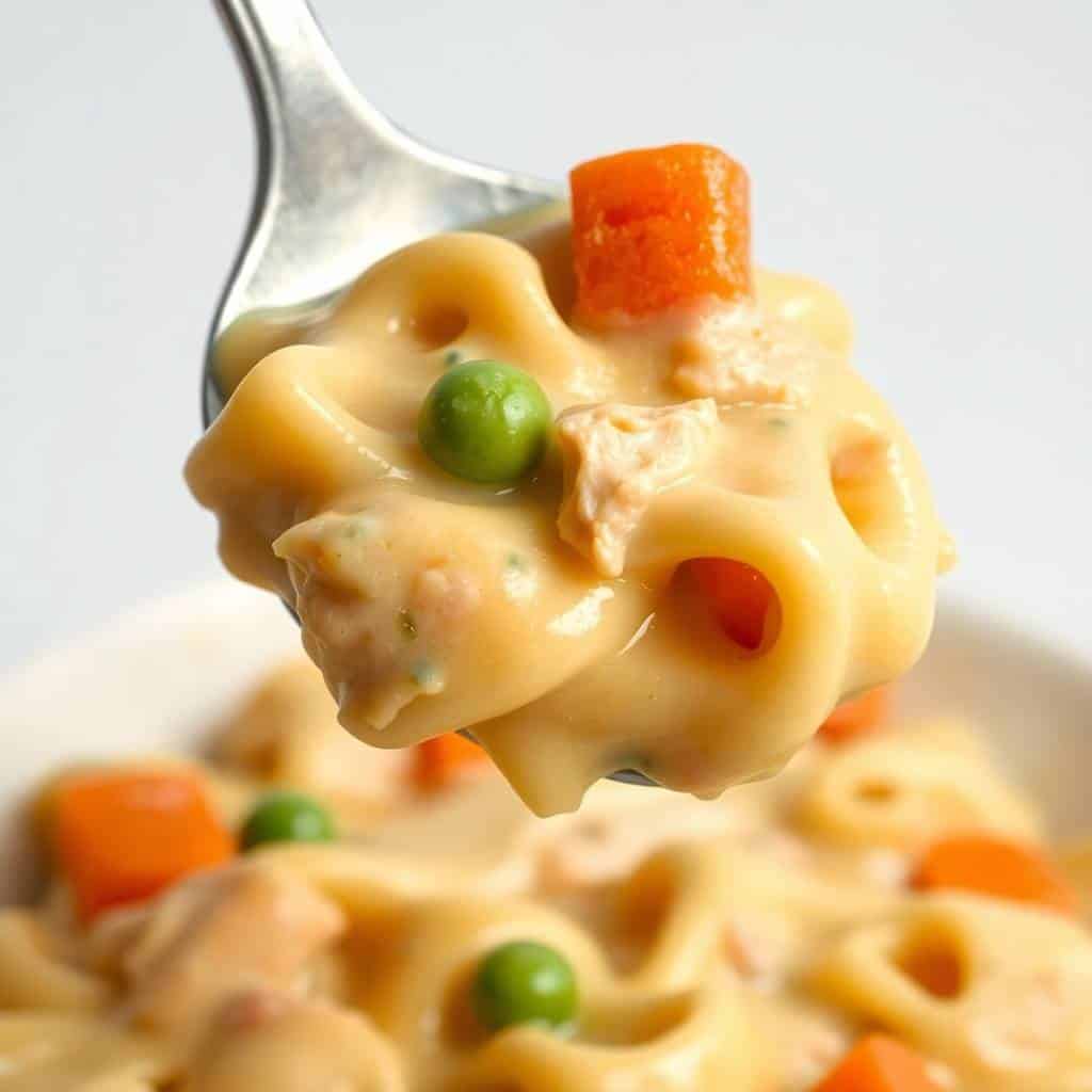 Fork lifting creamy chicken pot pie pasta with peas, carrots, and pasta tubes.