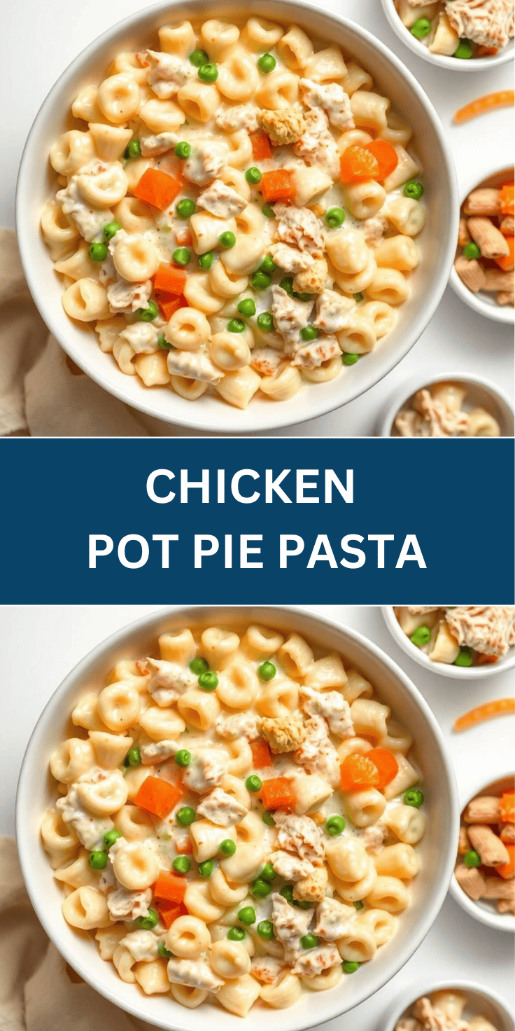 Chicken Pot Pie Pasta in white bowl with carrots, peas, and shredded chicken in creamy sauce.