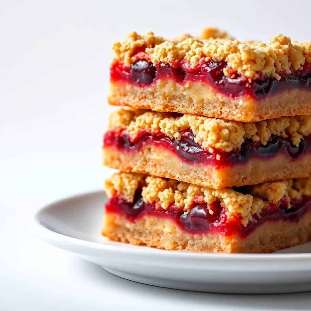 Stacked cherry bars with golden oat crumble topping on a white plate.