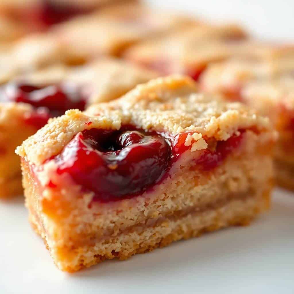 Christmas cherry bar with bright red jam filling and powdered sugar topping on white surface.