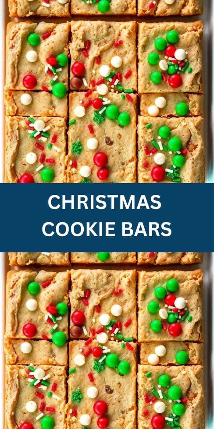 Christmas cookie bars cut into squares, decorated with red, green, and white candies and sprinkles.