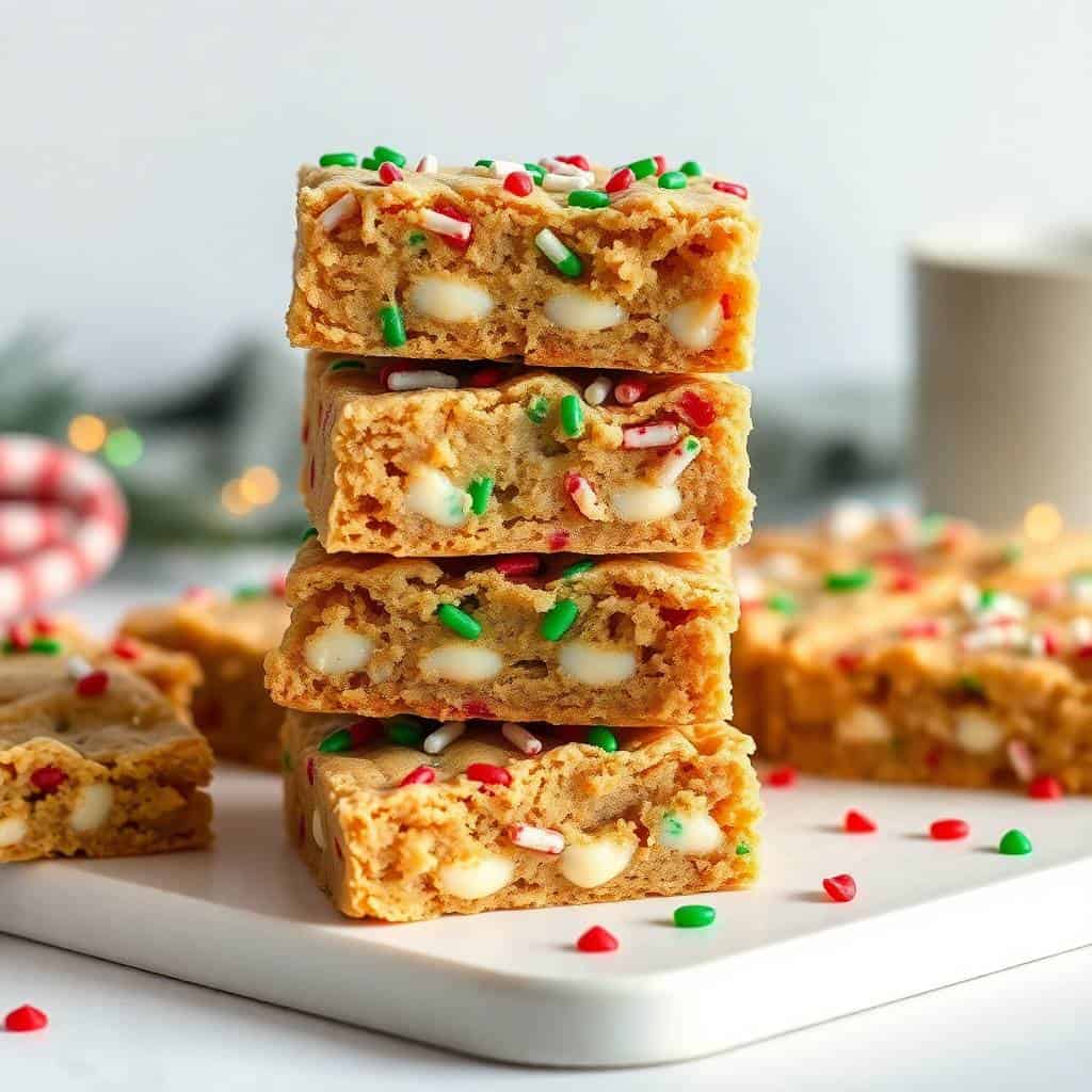 Stacked Christmas cookie bars with white chocolate chips and red and green sprinkle garnish on white plate.