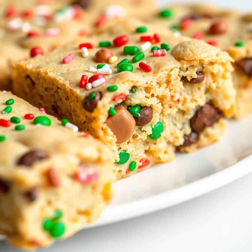 Christmas cookie bars with chocolate chips and red, green, and white sprinkles on white plate.