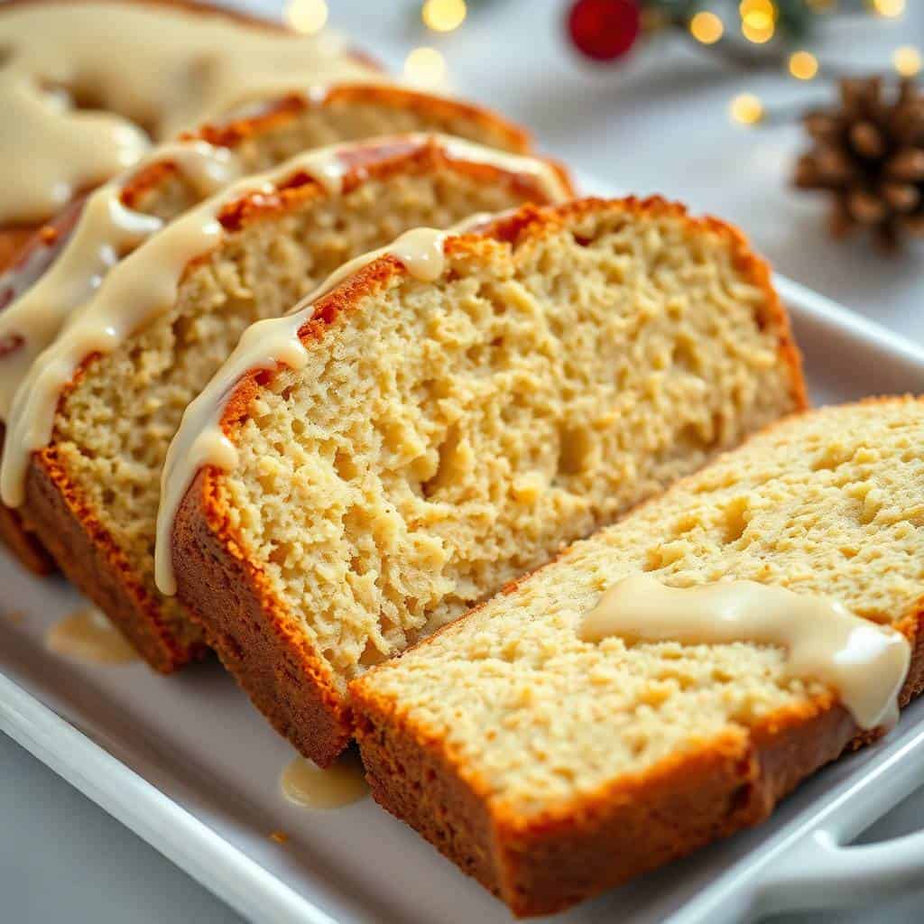 Sliced Christmas eggnog bread with white glaze on white plate, holiday decorations blurred in background.
