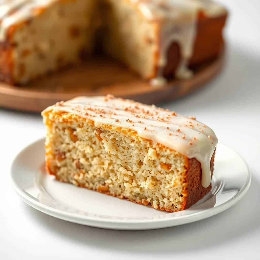 Slice of eggnog bread with white glaze and cinnamon garnish on white plate, loaf visible in background.