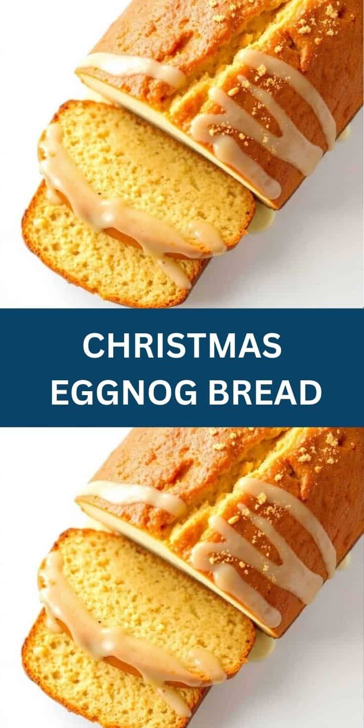 Sliced Christmas eggnog bread with white glaze drizzle and nutmeg garnish on white background.