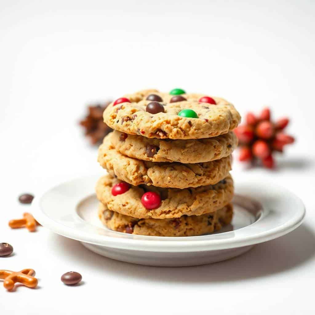 Stack of five Christmas kitchen sink cookies with colorful candies on white plate, holiday backdrop.