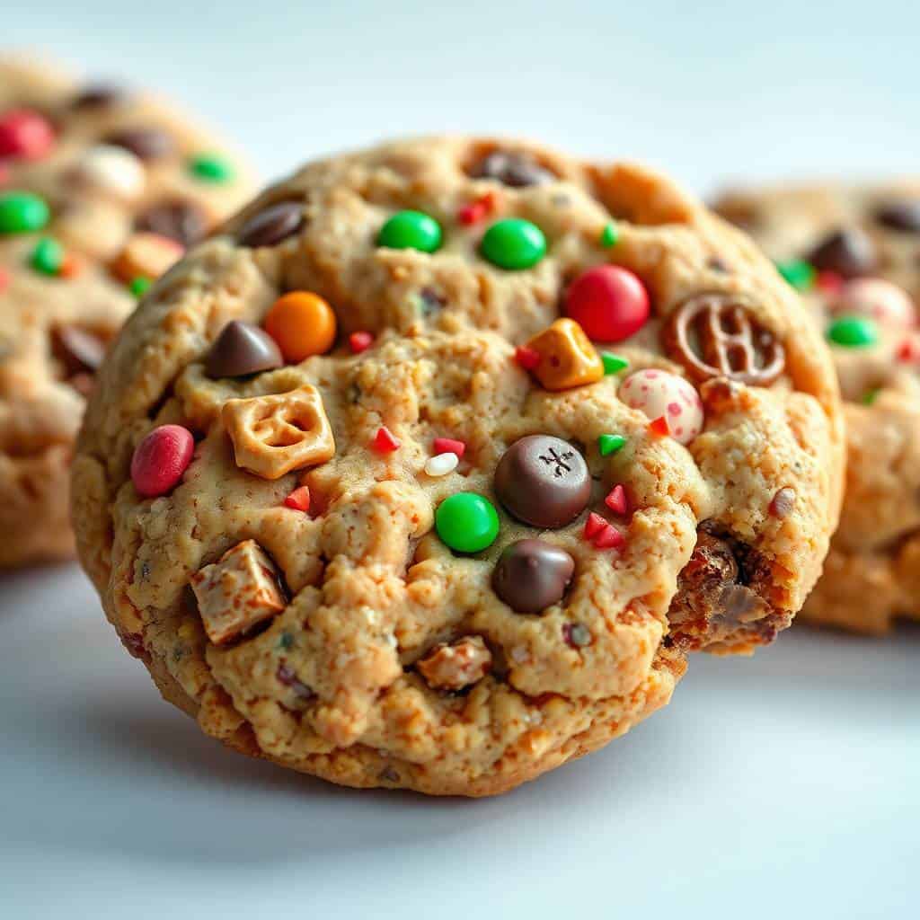 Christmas kitchen sink cookies topped with colorful candies, chocolate chips, and pretzel pieces on white surface.