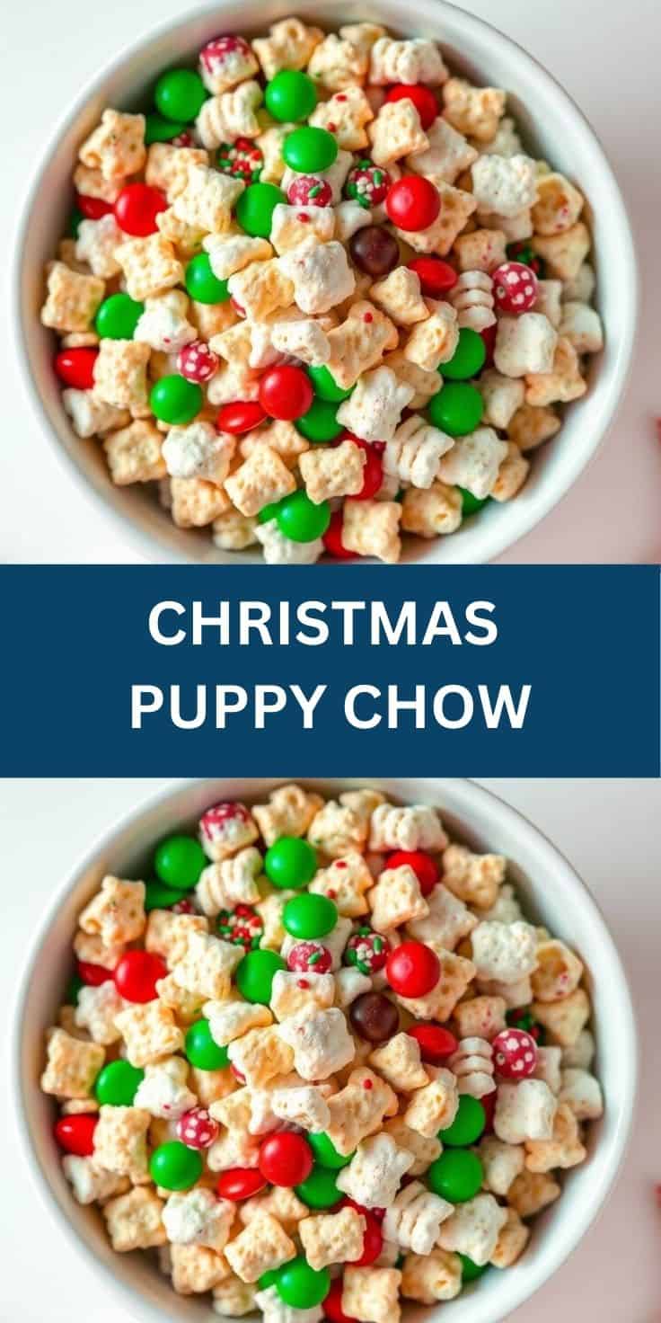 Christmas Puppy Chow cereal mix with red and green candies in white bowl, festive holiday snack.