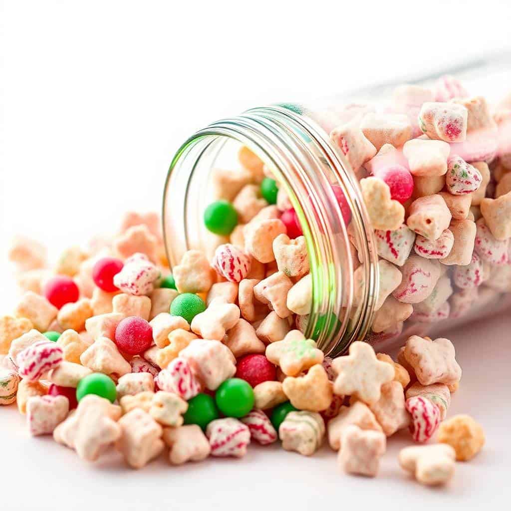Colorful puppy chow cereal mix spilling from glass jar with red, green, and pink coated pieces on white surface.