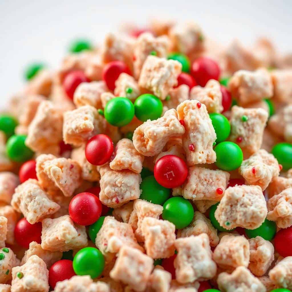 Christmas Puppy Chow with red and green candies mixed throughout the white powdered cereal snack.