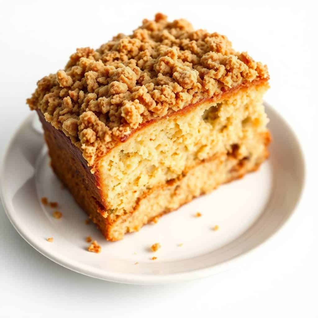 Slice of cinnamon coffee cake with thick streusel crumb topping on white plate.