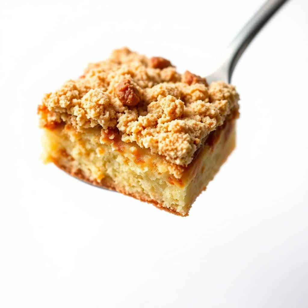 Square slice of cinnamon coffee cake with golden streusel crumb topping on a spatula.