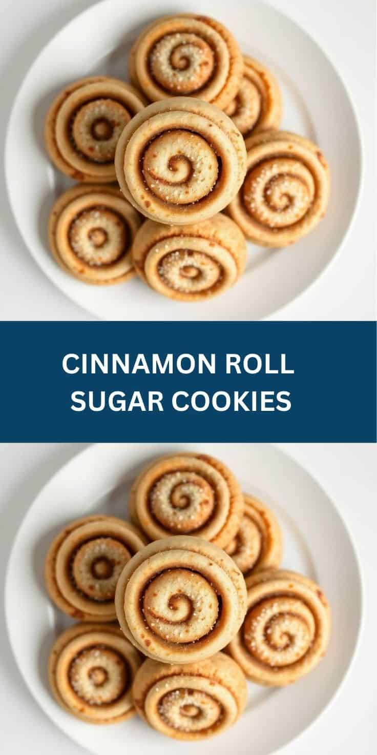 Cinnamon roll sugar cookies arranged on white plates, displaying golden-brown spiral shapes with cinnamon-sugar filling.