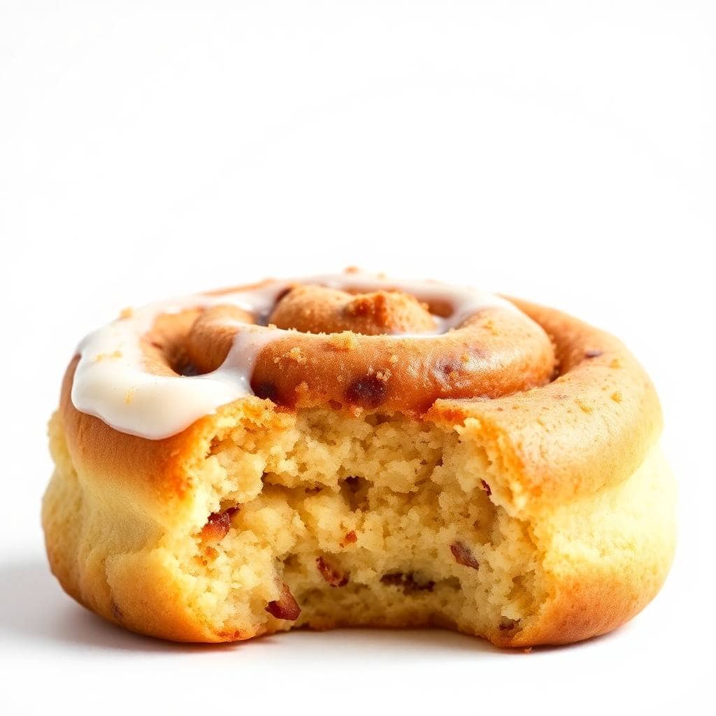 Cinnamon roll sugar cookie with white icing glaze and cinnamon swirl filling, broken in half on white background.