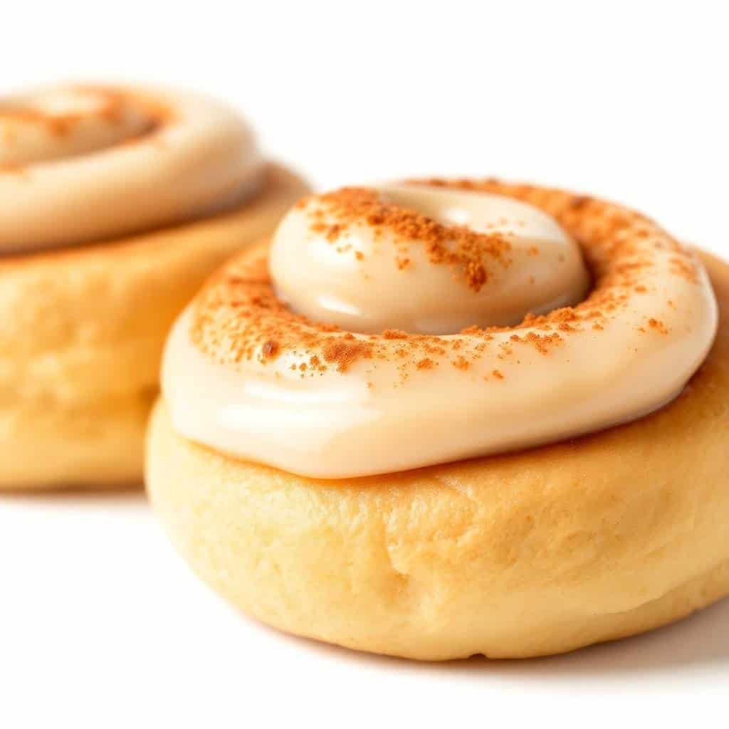 Cinnamon roll sugar cookies with cream frosting and cinnamon sugar garnish on white surface.