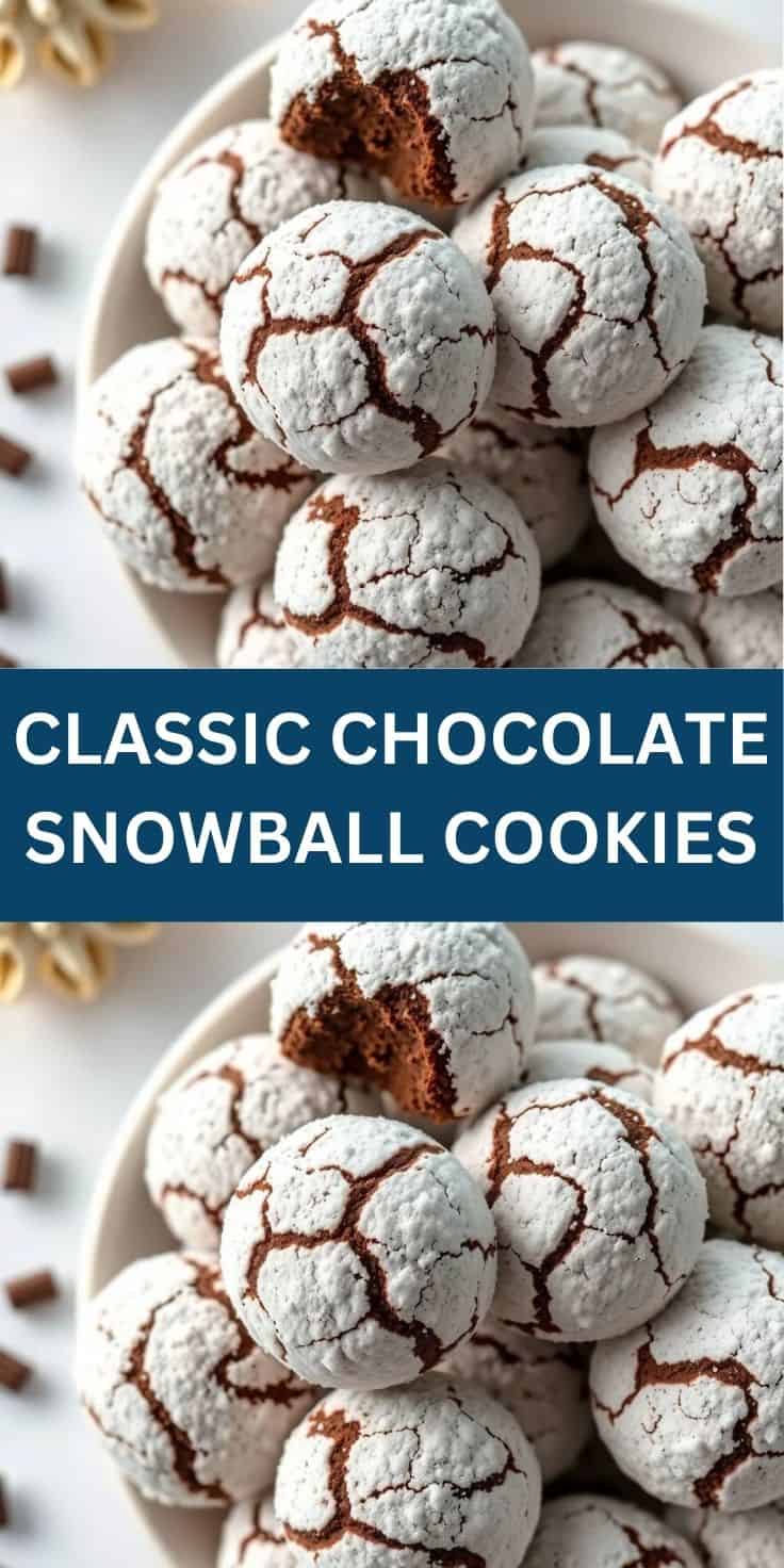 Classic chocolate snowball cookies with white powdered sugar coating and cracked chocolate centers on white plate.